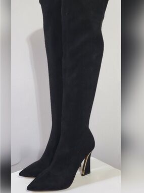 Jennifer Lopez Black Over-the-Knee Pointed Toe Heeled Boots with Gold Accent
